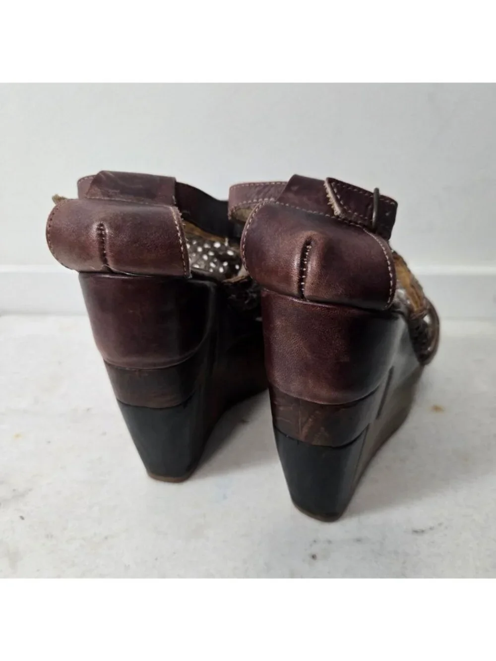 Bed Stu Size 10 Petra Handwoven Leather Wood Platform Wedge Sandals